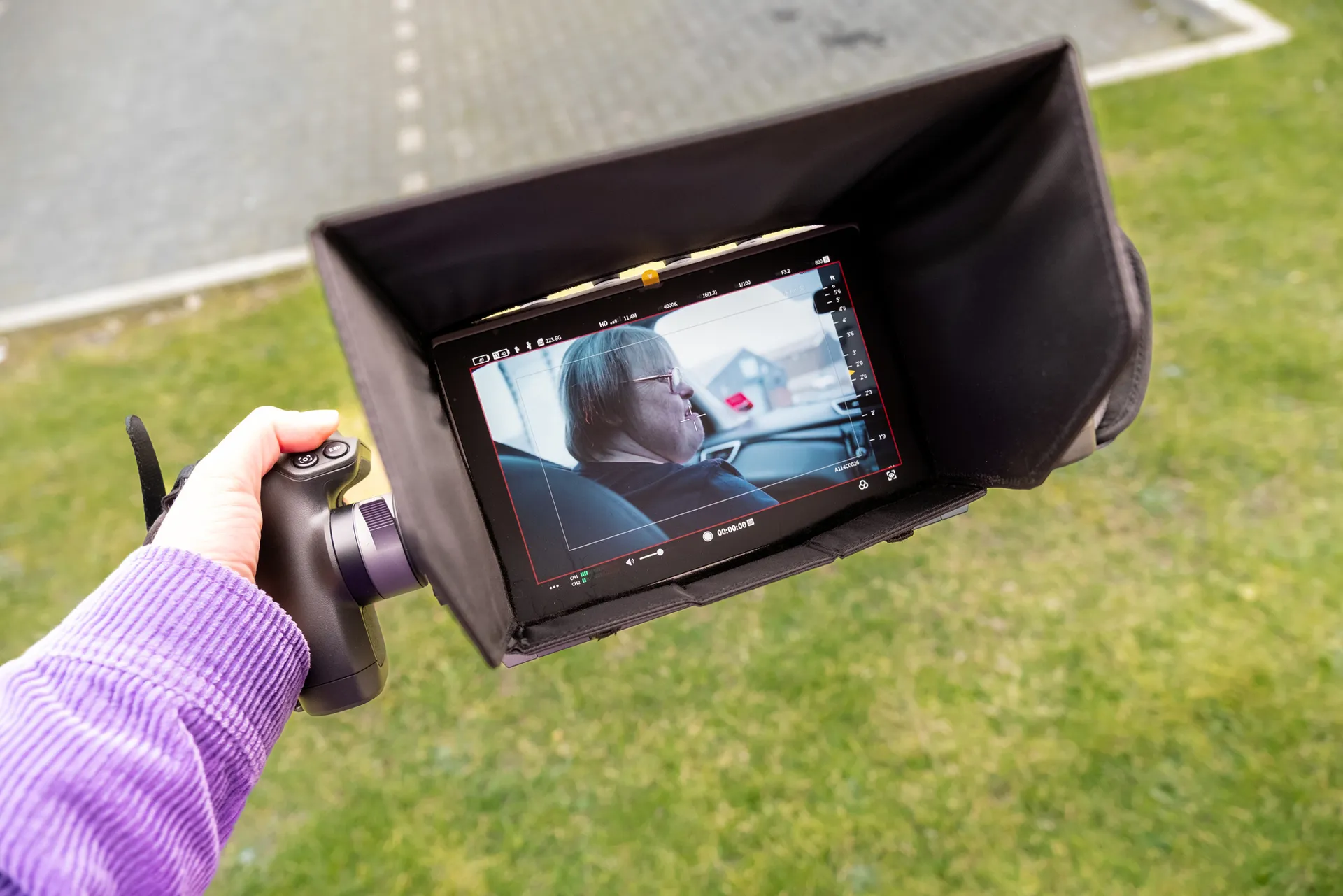 A field monitor showing the shot during filming of Julie Calls the Shots at MyGym